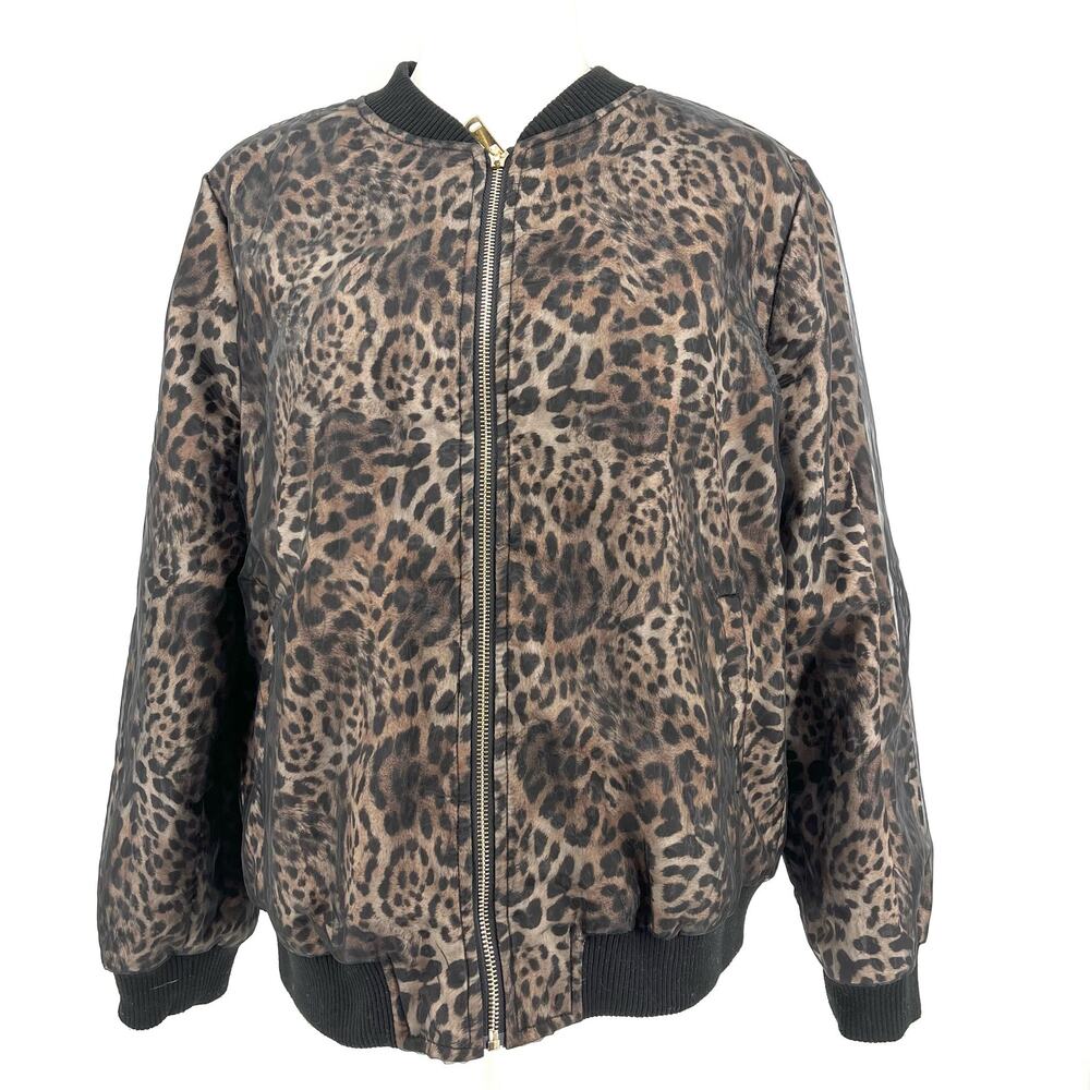 QED London Black Tan Gauze‎ Leopard Zip Bomber Jacket Womens US 10 - Picture 3 of 8